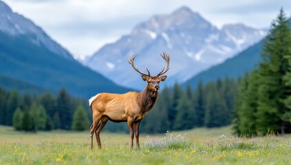 Fototapeta premium Majestic Elk in Mountain Meadow, Wildlife in Natural Habitat