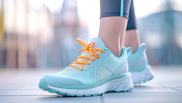 Close up of woman's feet in blue running shoes. Concept of fitness, exercise, and healthy lifestyle.