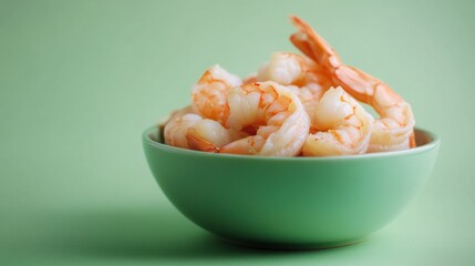 Appetizing Shrimp Salad on Vibrant Green Background with Copy Space, Fresh and Healthy Culinary Concept