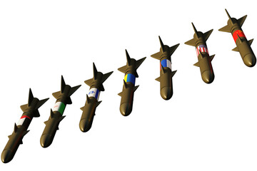 Missiles with the flags of China, USA, Russia, Ukraine, Israel, Iran and Palestine on transparent background. 3D Render