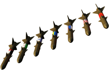 Missiles with the flags of China, USA, Russia, Ukraine, Israel, Iran and Palestine on transparent background. 3D Render