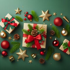 Festive Christmas Arrangement on Green Background
