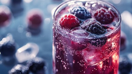 close-up sparkling raspberry and blackberry coctail