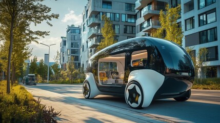 Obraz premium Futuristic autonomous vehicle in urban setting, sleek design, modern architecture