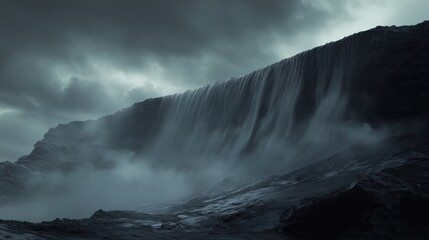 Obraz premium Dramatic waterfall descending from rugged cliffs under a moody, overcast sky, enveloped in mist and atmospheric ambiance.