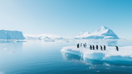 A group of penguins stands on an ice floe against a backdrop of Antarctic mountains under a clear blue sky.