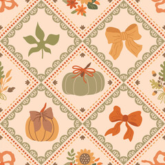 Ribbons and bows patchwork seamless pattern with autumn leaves, pumpkins. Thanksgiving day wallpaper. Cute vector fall quilt, blanket, cozy mosaic background, print, wrap, gift paper, textile design.
