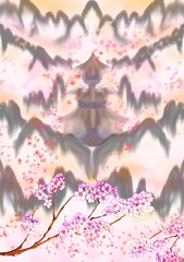 Chinese mountain with cherry blossom 