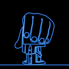 Verification and approval of official document Human hand holding official stamp icon neon glow vector illustration concept