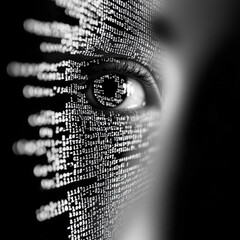 Monochrome Close-Up of Human Eye with Digital Code Overlay, Symbolizing Technology, Data Privacy,...