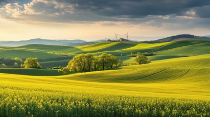 Fototapeta premium Vibrant green hills with wind turbines, golden fields, and dramatic sky