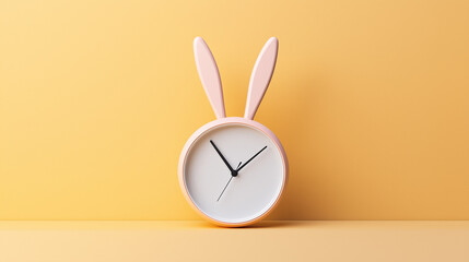 Rabbit-ear wall clock on pastel yellow background. Minimal concept with copy space.