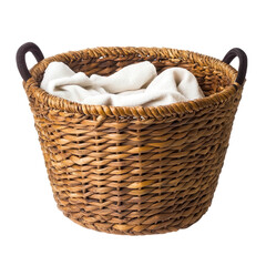 a woven laundry basket, natural tan with dark handles, isolated on white background