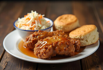 Delicious fried chicken served with gravy, coleslaw, and fluffy biscuits creates comforting meal. combination of flavors and textures is sure to satisfy any appetite