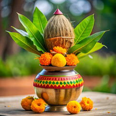 A kalash, or holy pot, draped in mango leaves