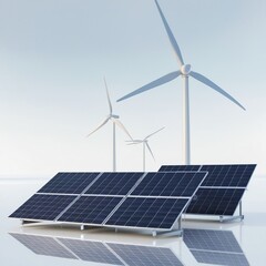 Remote renewable energy sample with solar panels and wind turbine isolated on transparent or white background