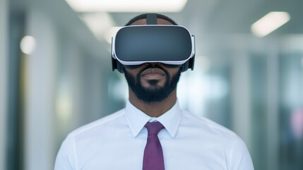 Businessman wearing VR headset, exploring virtual reality in modern office.