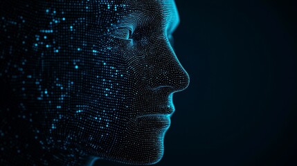 Artificial intelligence human face created with blue particles on a dark background.