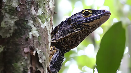 Clouded Monitor (Varanus nebulosus) Gracefully Climbing in a Rainforest: A Fusion of Scales and Sunlight
