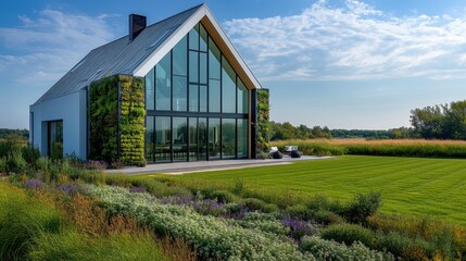 Obraz premium Modern Greenhouse-Style Home: A two-story house with large, greenhouse-style windows and vertical garden walls on the exterior. The house is located in a lush, green field.