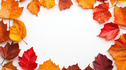 Fototapeta premium Colorful autumn leaves arranged in a frame on a white background.