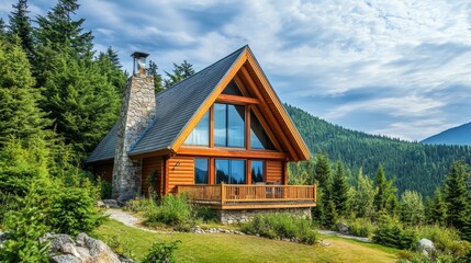 An A-frame chalet perched on a mountainside, showcasing an exposed timber frame and expansive windows. The area around it is adorned with a blend of pine trees and small shrubs.