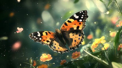 Obraz premium An Artistic Interpretation of the Delicate Painted Lady Butterfly Amidst a Whirl of Blooming Flowers and Gentle Breezes