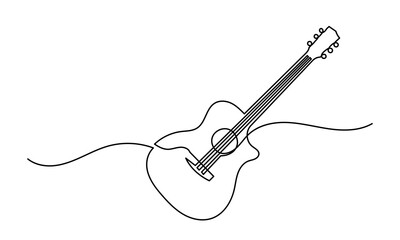 Obraz premium Continuous line drawing of bass classical acoustic guitar.Single-line electric Musical instrument concept of logo, guitar icon, and rock. Vector illustration guitar. isolated on white background.