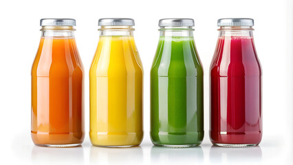 Row of four glass bottles of various fruit juices