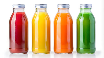 Row of four glass bottles of various fruit juices