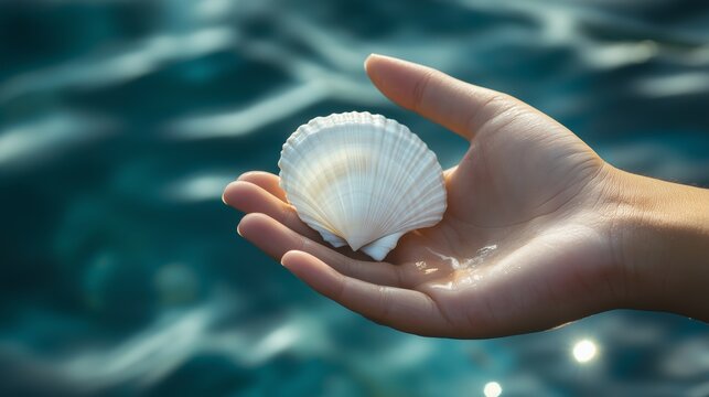 A hand gently holds a white seashell over calm blue ocean water, reflecting sunlight, symbolizing nature and serenity.