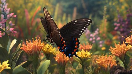 Fototapeta premium Dynamic Interaction: The Spicebush Swallowtail Butterfly in Action Pollinating Flora in a Vibrant Garden