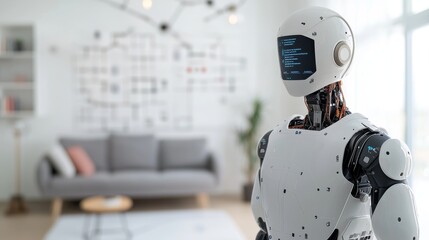 Modern robot standing in a stylish living room with futuristic design elements.