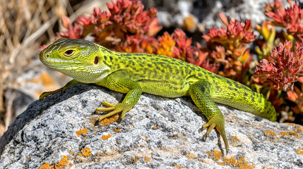 Obraz premium Green Crested Lizard Basking on a Warm Rock Surrounded by Vibrant Native Plants and Bright Sunlight