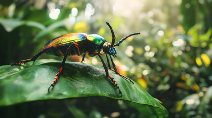 The Marvelous Appearance of a Rainbow Stag Beetle in its Natural Habitat Surrounded by Vibrant Flora