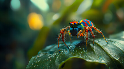 Fototapeta premium The Colorful Courtship Dance of the Peacock Spider in its Tropical Habitat