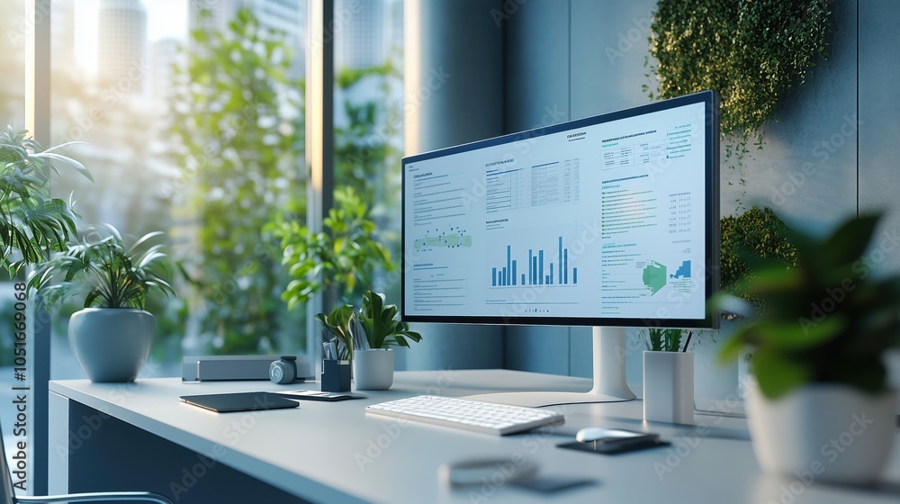 Poster modern office workspace with computer displaying data analytics, plants, and city view