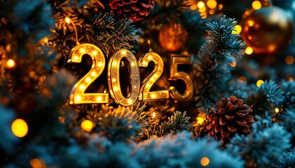 Golden 2025 with Christmas Tree Branches and Colorful Ornaments in a Festive Holiday Scene