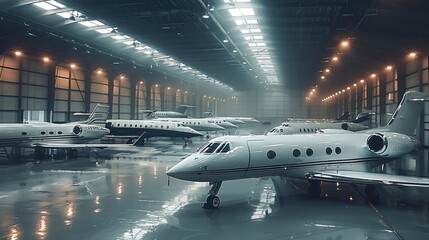 High angle of jets inside a professional garage, they are stored and parked there.