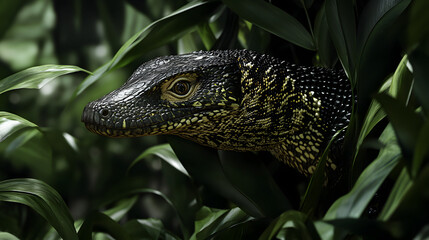 Obraz premium Captivating Close-up of a Clouded Monitor (Varanus nebulosus) in Tropical Habitat: A Celebration of Nature's Beauty