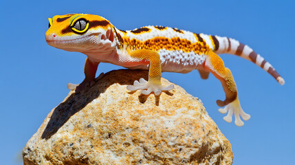 Obraz premium A Beautiful Western Banded Gecko Basking on a Rock Under the Clear Blue Sky