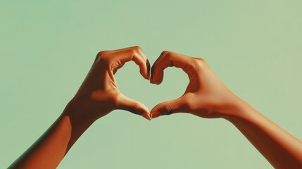 Obraz premium Two hands creating a heart shape against a simple green background, symbolizing love, connection, and positivity.