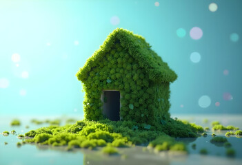 vibrant green house made of moss symbolizes eco friendliness and sustainability, surrounded by lush greenery. This captivating image evokes sense of harmony with nature