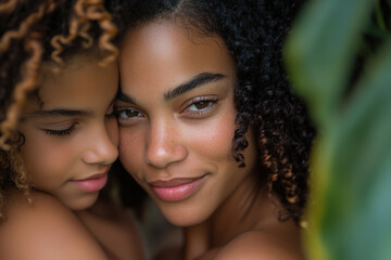 Obraz premium Intimate Embrace: Close-Up of Two Women Featuring Natural Beauty and Curly Hair