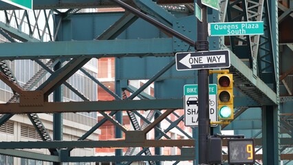 New York elevated subway, metropolitan bridge, metro track above street. Railway transport over...