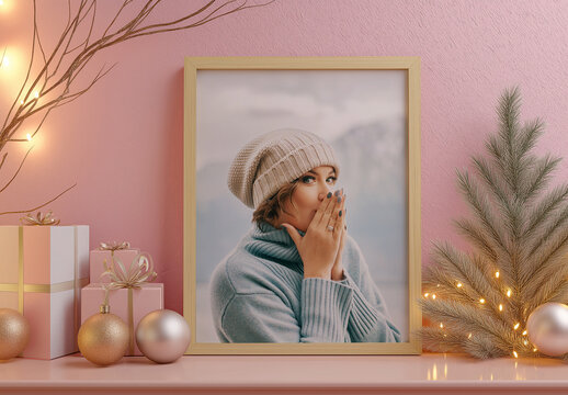 Elegant Christmas Frame Mockup With Pink Accent, Generative ai