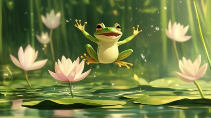 Frog jumping joyfully over lily pads, vibrant green background, serene pond