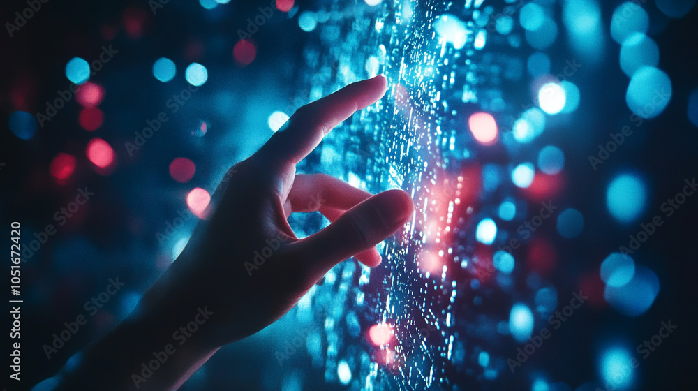 Poster a hand touching a futuristic glowing screen filled with data in a tech lab at night
