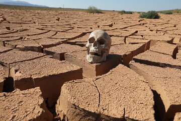 A dummy human skull lies on cracked ground in the steppe due to climate change on the planet.