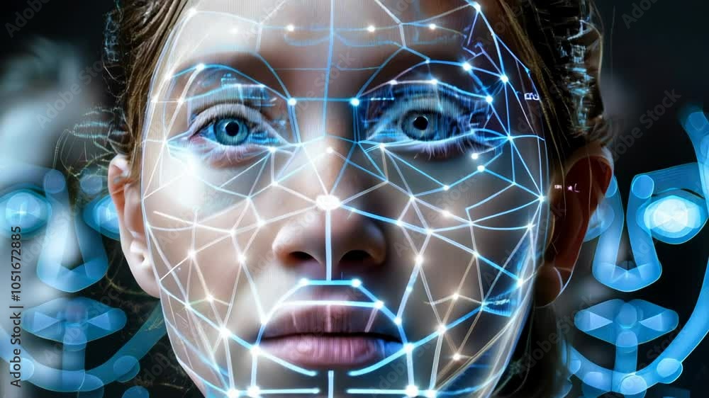 Poster interactive facial recognition technology in security systems - ai analyzed faces with digital overl